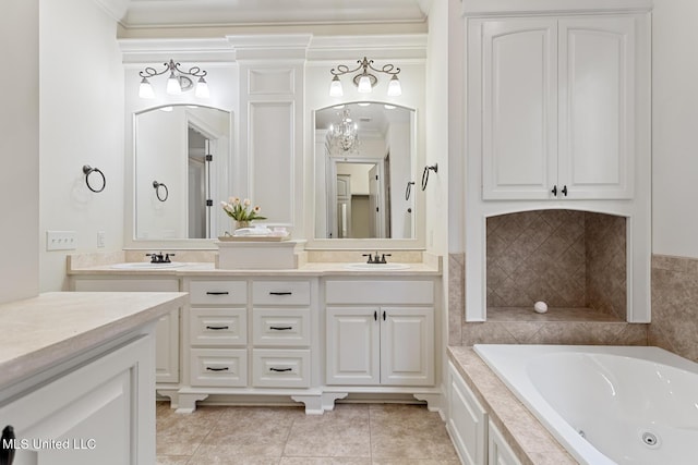 117 Belle Ct, Madison, MS 39110 - bathroom with double vanity, a jetted tub, crown molding, and tile patterned floors