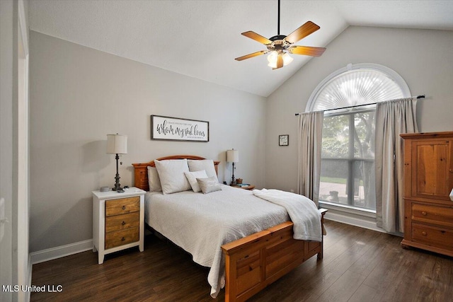 1510 Independence Blvd, Flowood, MS 39232 - bedroom featuring multiple windows, dark wood-type flooring, high vaulted ceiling, a ceiling fan, and baseboards