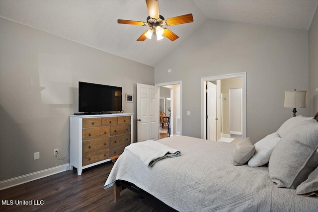 1510 Independence Blvd, Flowood, MS 39232 - bedroom with high vaulted ceiling, dark wood-style floors, baseboards, and a ceiling fan