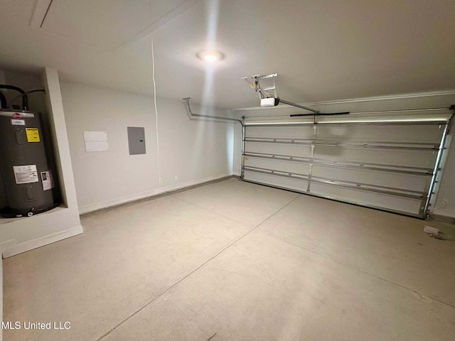 garage featuring a garage door opener, baseboards, electric panel, and water heater