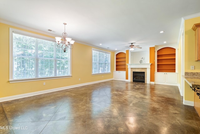 7672 N Rigmoore Pt, Olive Branch, MS 38654 - unfurnished living room with built in features, a fireplace, ornamental molding, a ceiling fan, and baseboards
