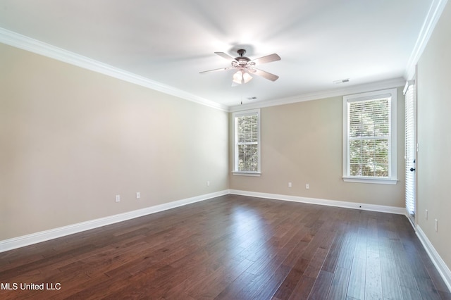 7672 N Rigmoore Pt, Olive Branch, MS 38654 - empty room featuring ceiling fan, baseboards, dark wood-type flooring, and ornamental molding