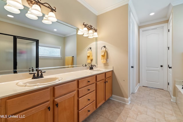 7672 N Rigmoore Pt, Olive Branch, MS 38654 - full bath featuring double vanity, a tub to relax in, baseboards, recessed lighting, and crown molding