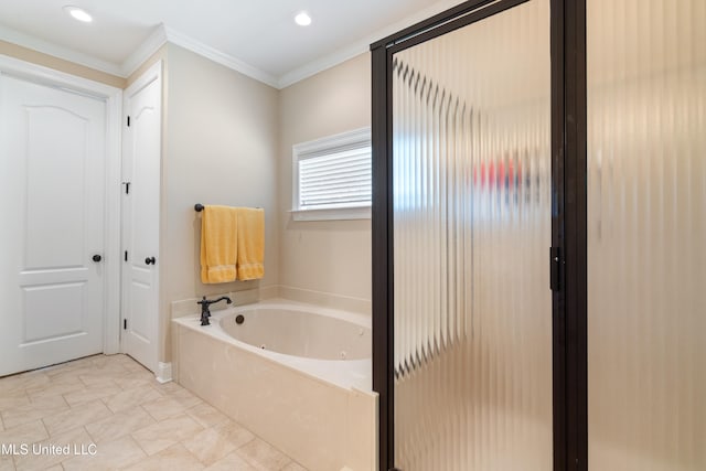 7672 N Rigmoore Pt, Olive Branch, MS 38654 - full bathroom with a whirlpool tub, crown molding, recessed lighting, and a shower stall