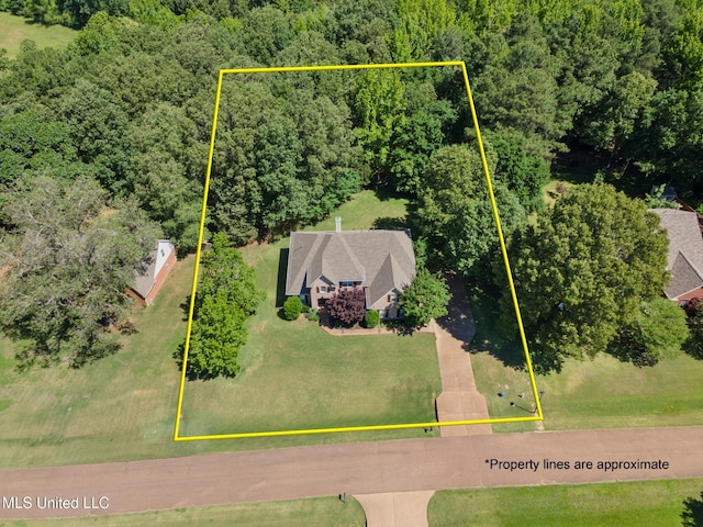7672 N Rigmoore Pt, Olive Branch, MS 38654 - aerial view of property and surrounding area with a heavily wooded area and property boundaries highlighted