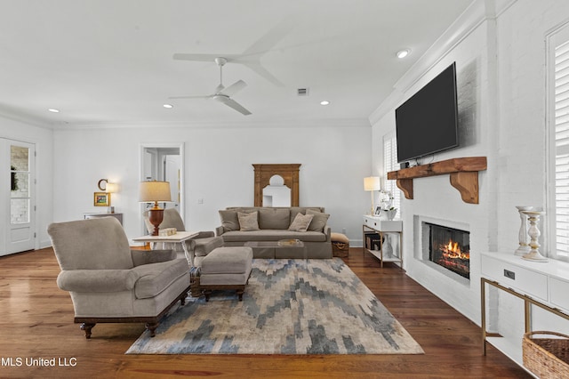 131 Camden Trl, Madison, MS 39110 - living area with ornamental molding, a warm lit fireplace, a ceiling fan, dark wood-type flooring, and plenty of natural light