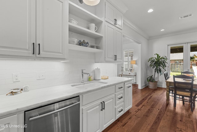131 Camden Trl, Madison, MS 39110 - kitchen featuring dishwasher, backsplash, open shelves, white cabinets, and dark wood-style flooring