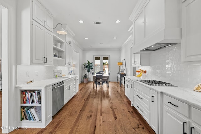 131 Camden Trl, Madison, MS 39110 - kitchen featuring open shelves, gas stovetop, stainless steel dishwasher, white cabinets, and crown molding