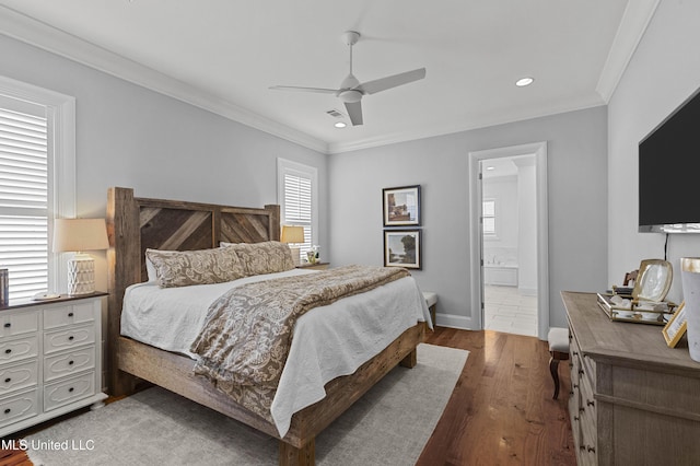 131 Camden Trl, Madison, MS 39110 - bedroom featuring wood finished floors, recessed lighting, crown molding, ensuite bathroom, and ceiling fan
