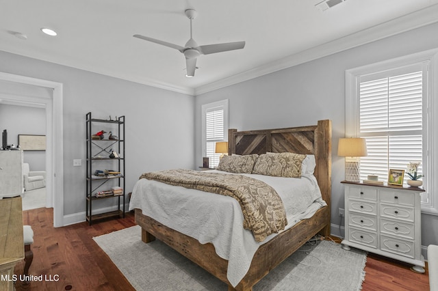 131 Camden Trl, Madison, MS 39110 - bedroom with dark wood-style floors, crown molding, ceiling fan, and recessed lighting