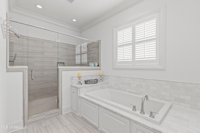 131 Camden Trl, Madison, MS 39110 - full bath with a bath, a shower stall, ornamental molding, recessed lighting, and tile patterned floors