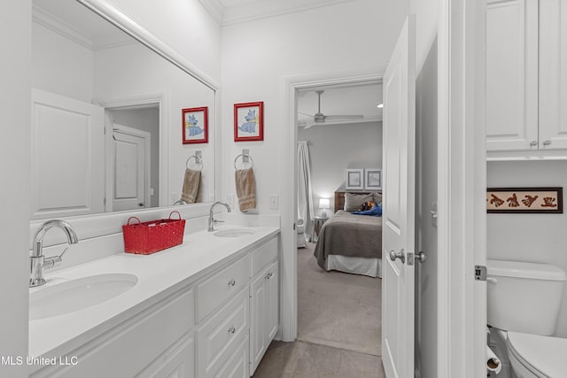 131 Camden Trl, Madison, MS 39110 - ensuite bathroom with ornamental molding, double vanity, ceiling fan, and tile patterned flooring