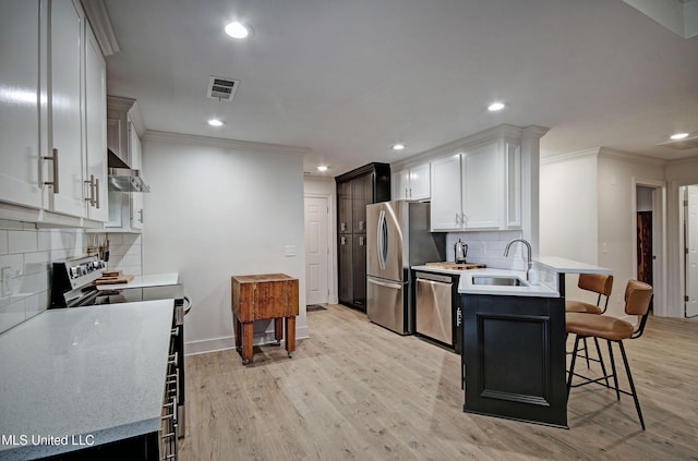 kitchen with tasteful backsplash, stainless steel appliances, sink, light hardwood / wood-style flooring, and white cabinetry