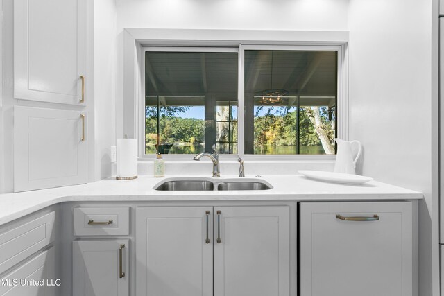 interior space with a healthy amount of sunlight, sink, and white cabinets