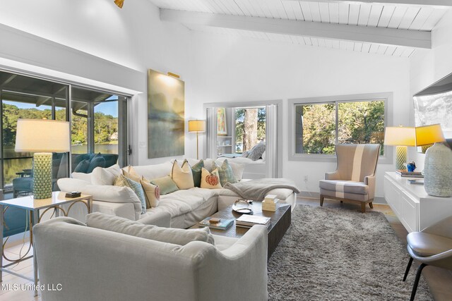 living room with beam ceiling, high vaulted ceiling, and hardwood / wood-style floors