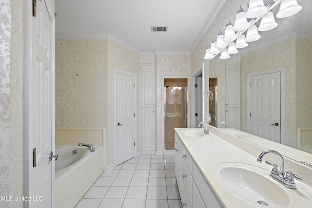 162 Apple Blossom Dr, Brandon, MS 39047 - full bathroom with wallpapered walls, tile patterned flooring, double vanity, a bath, and ornamental molding