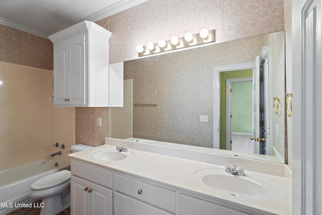 full bathroom with vanity, toilet, crown molding, and shower / tub combination