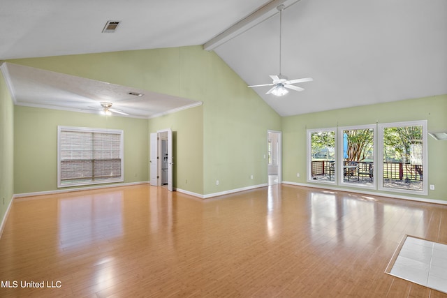 unfurnished living room with beam ceiling, high vaulted ceiling, light hardwood / wood-style flooring, and ceiling fan