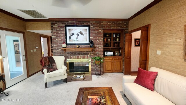 11 Aberdeen Rd, Natchez, MS 39120 - living area with ornamental molding, light carpet, and a brick fireplace