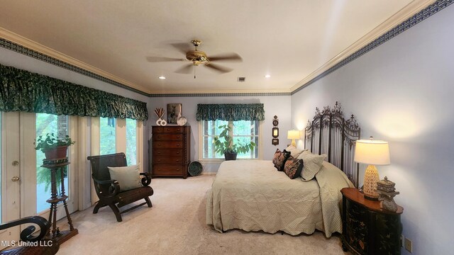 11 Aberdeen Rd, Natchez, MS 39120 - bedroom featuring crown molding, light carpet, multiple windows, recessed lighting, and ceiling fan