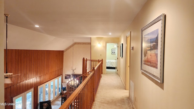 11 Aberdeen Rd, Natchez, MS 39120 - corridor with light colored carpet, an upstairs landing, vaulted ceiling, and recessed lighting