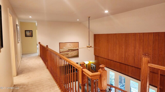 11 Aberdeen Rd, Natchez, MS 39120 - hallway with an upstairs landing, recessed lighting, light colored carpet, and lofted ceiling