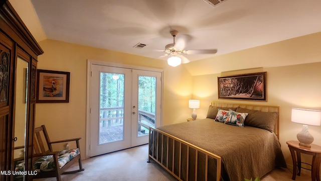 11 Aberdeen Rd, Natchez, MS 39120 - bedroom featuring access to exterior, french doors, lofted ceiling, carpet flooring, and a ceiling fan