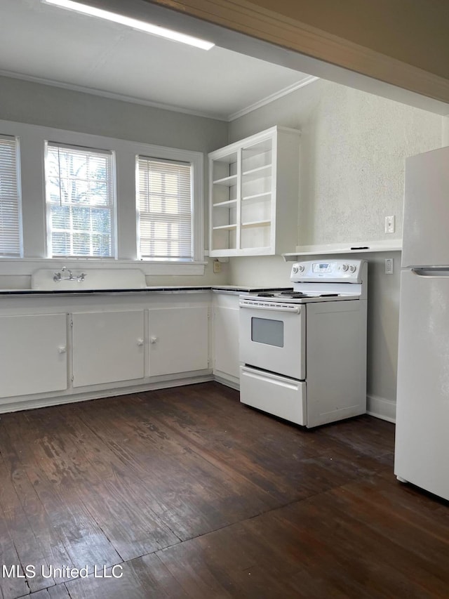 409 E Mayes St Unit 1, 2, 3, Jackson, MS 39206 - kitchen featuring white appliances, ornamental molding, dark wood-style floors, open shelves, and white cabinets
