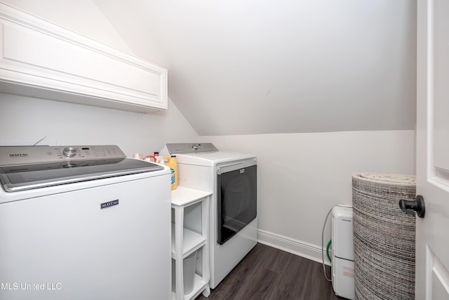 2011 Ivy Ct, Biloxi, MS 39532 - clothes washing area with washer and clothes dryer, cabinet space, baseboards, and dark wood finished floors