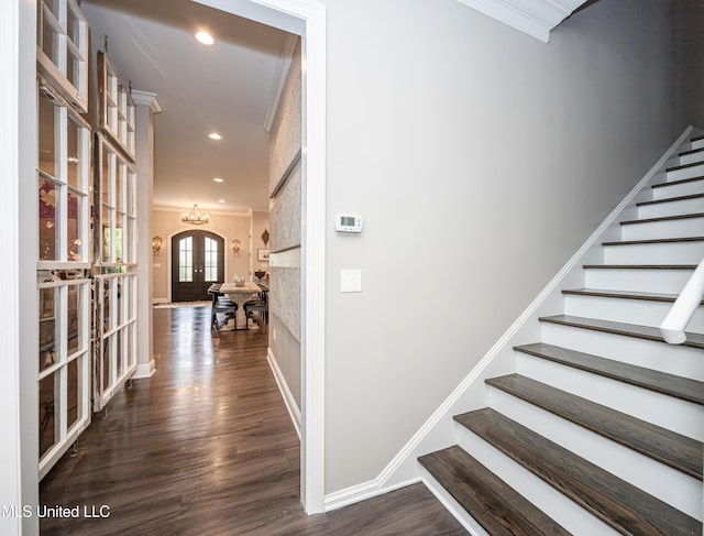 2011 Ivy Ct, Biloxi, MS 39532 - stairs featuring french doors, wood finished floors, recessed lighting, crown molding, and baseboards