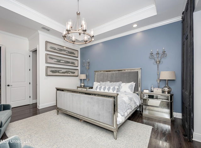 2011 Ivy Ct, Biloxi, MS 39532 - bedroom with dark wood finished floors, visible vents, baseboards, a chandelier, and ornamental molding
