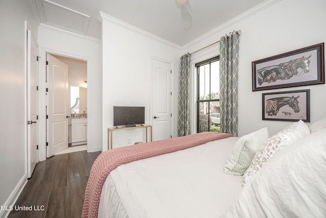 2011 Ivy Ct, Biloxi, MS 39532 - bedroom featuring baseboards, ensuite bathroom, crown molding, and dark wood-type flooring