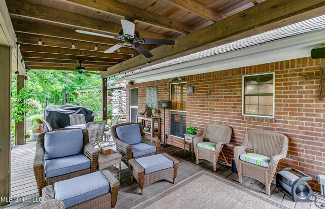 3 Carriage Court Pl, Brandon, MS 39047 - wooden terrace featuring a ceiling fan, an outdoor living space, and a grill