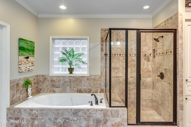3 Carriage Court Pl, Brandon, MS 39047 - full bathroom with a tub with jets, a stall shower, crown molding, and recessed lighting