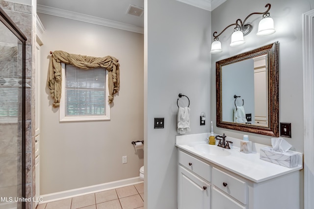 3 Carriage Court Pl, Brandon, MS 39047 - bathroom with vanity, toilet, tile patterned floors, crown molding, and a tile shower