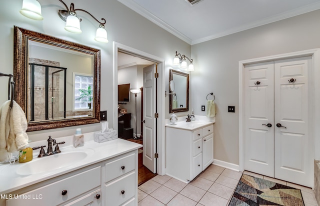 3 Carriage Court Pl, Brandon, MS 39047 - bathroom featuring two vanities, crown molding, tile patterned flooring, and a shower stall