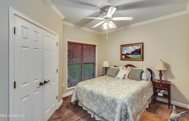 3 Carriage Court Pl, Brandon, MS 39047 - bedroom featuring dark carpet, a closet, crown molding, baseboards, and ceiling fan