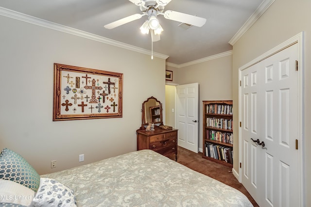 3 Carriage Court Pl, Brandon, MS 39047 - bedroom featuring dark carpet, crown molding, ceiling fan, and a closet