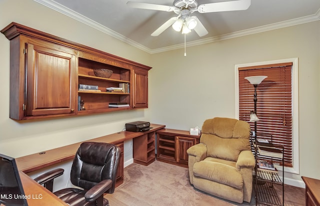 3 Carriage Court Pl, Brandon, MS 39047 - office space featuring a ceiling fan, ornamental molding, built in desk, light colored carpet, and baseboards