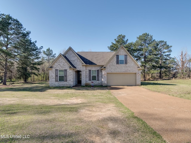 traditional home featuring a front lawn, a garage, a shingled roof, driveway, and brick siding