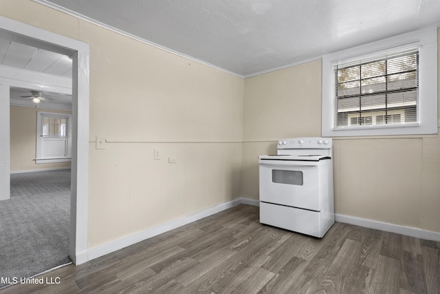 kitchen featuring white electric range, ceiling fan, ornamental molding, and wood-type flooring