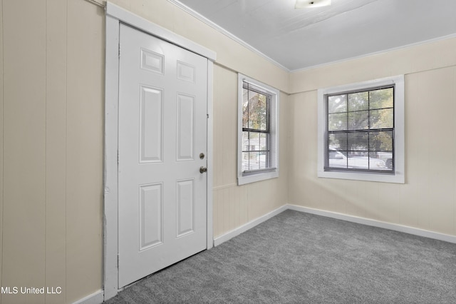 interior space with carpet flooring and crown molding