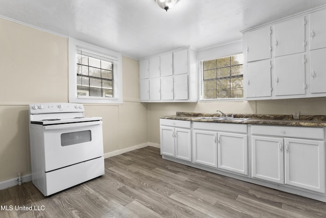 kitchen with white range with electric cooktop, white cabinets, sink, and light hardwood / wood-style flooring