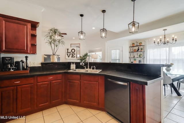 kitchen with a sink, dark brown cabinets, light tile patterned floors, stainless steel dishwasher, and open shelves