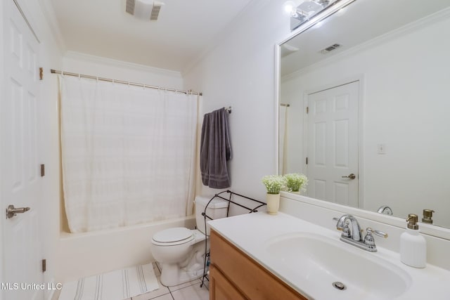 full bath with visible vents, vanity, and ornamental molding