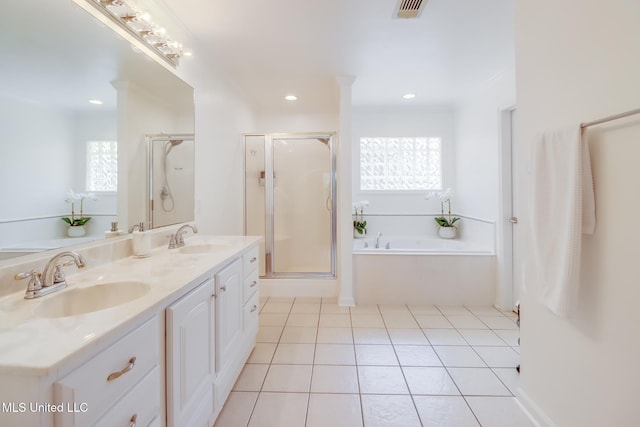 full bath with a sink, visible vents, a stall shower, and a bath