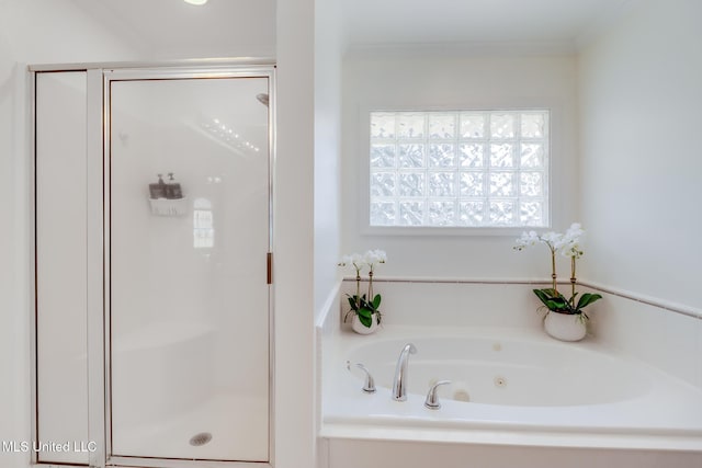 bathroom featuring a shower stall, ornamental molding, and a whirlpool tub