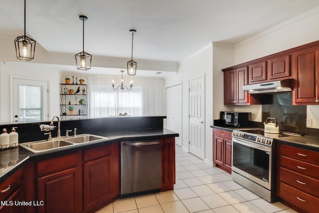 kitchen featuring a sink, under cabinet range hood, reddish brown cabinets, and stainless steel appliances