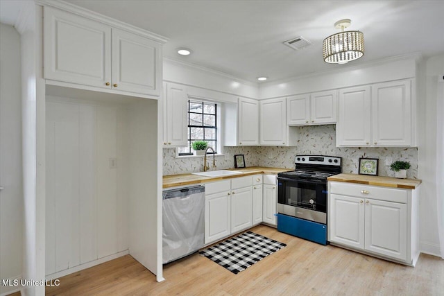 1505 Rosemont Dr, Clinton, MS 39056 - kitchen featuring dishwasher, black range with electric stovetop, a sink, butcher block counters, and white cabinetry