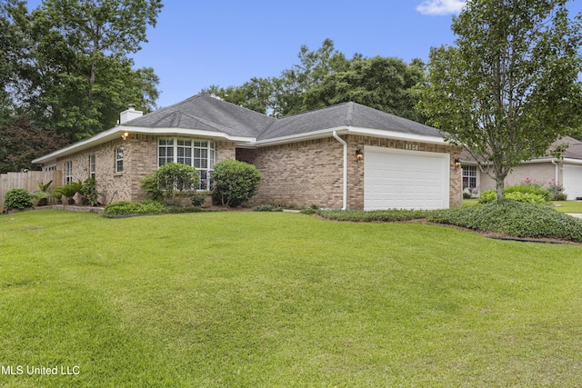 ranch-style house featuring a garage, brick siding, a chimney, and a shingled roof